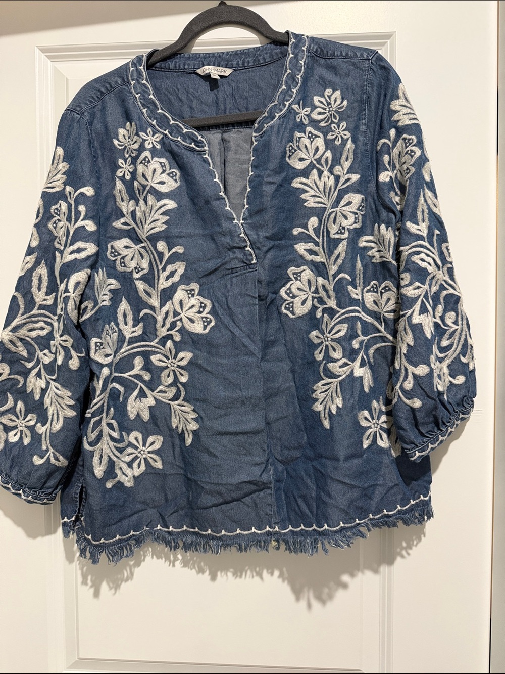 John Mark Indigo Tunic with White Floral Embroidery